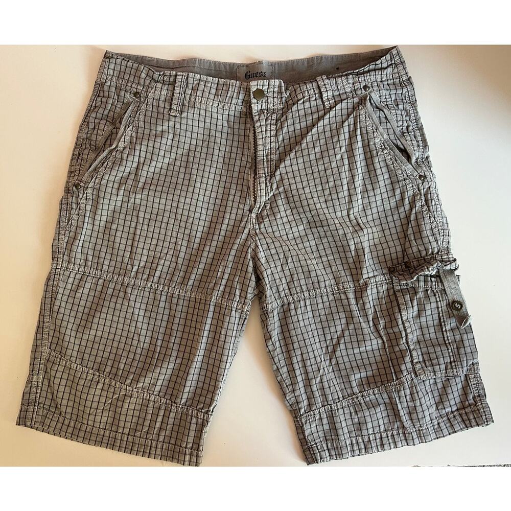 Guess Checkered Gray Cargo 100% Cotton 11.5" Inseam Shorts Men Size 34 - Picture 3 of 8